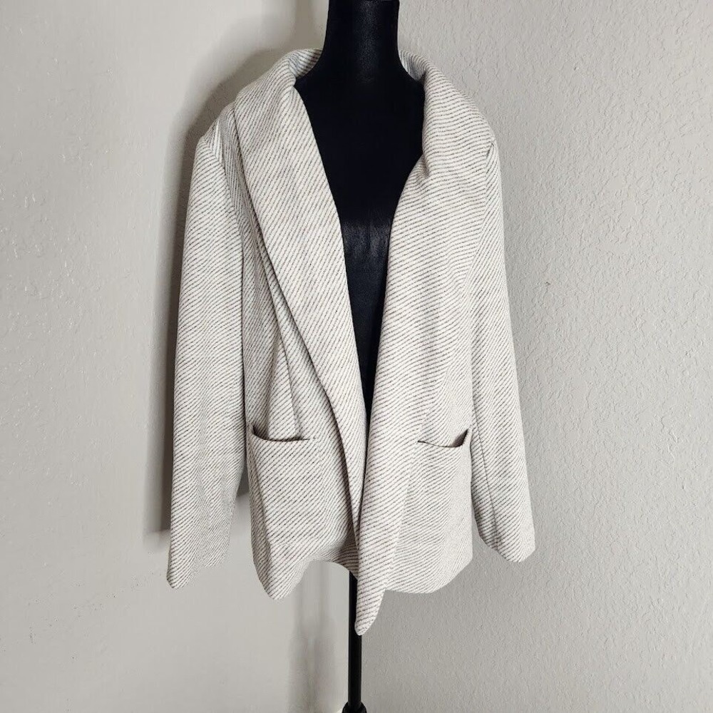 Skies Are Blue Curvy Blazer Jacket Womens 1X White Blue Pocket Shawl Neck Career